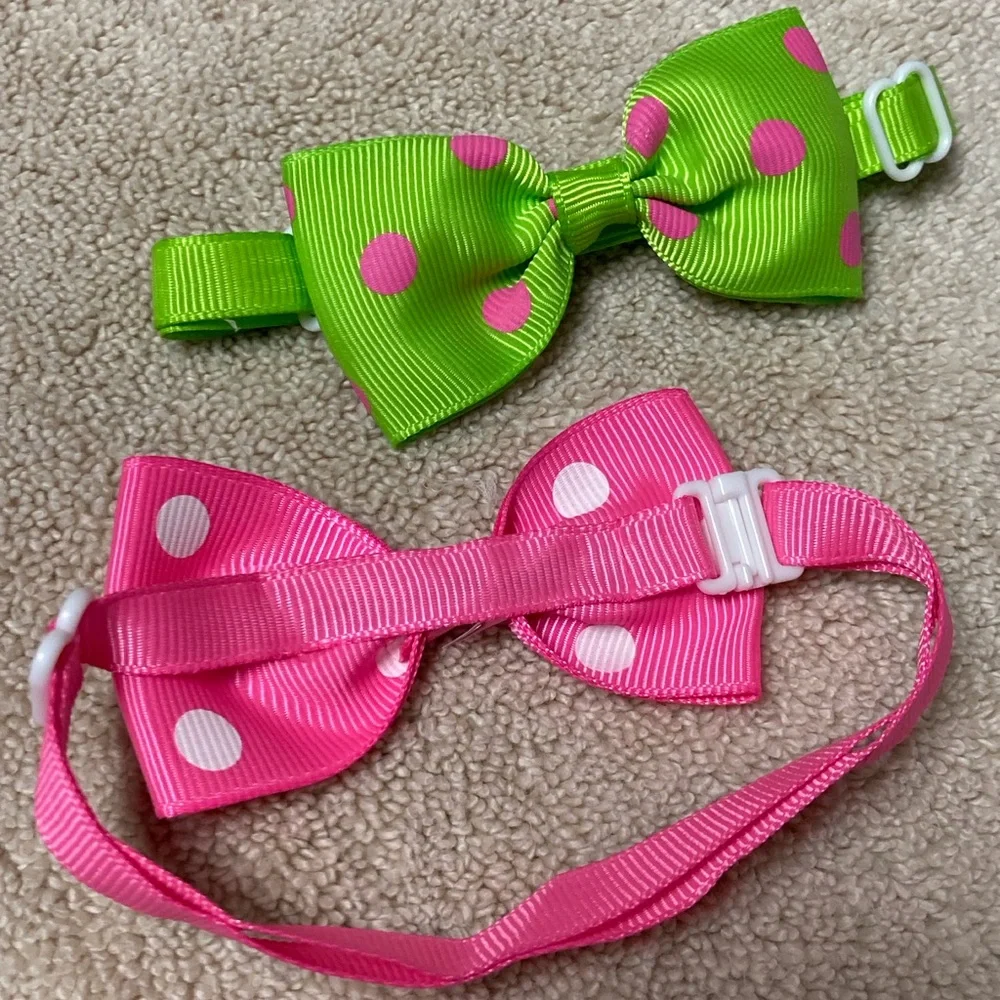 2pc Set of Pet Polka Dot Bow Ties in Lime Green Pink and white
